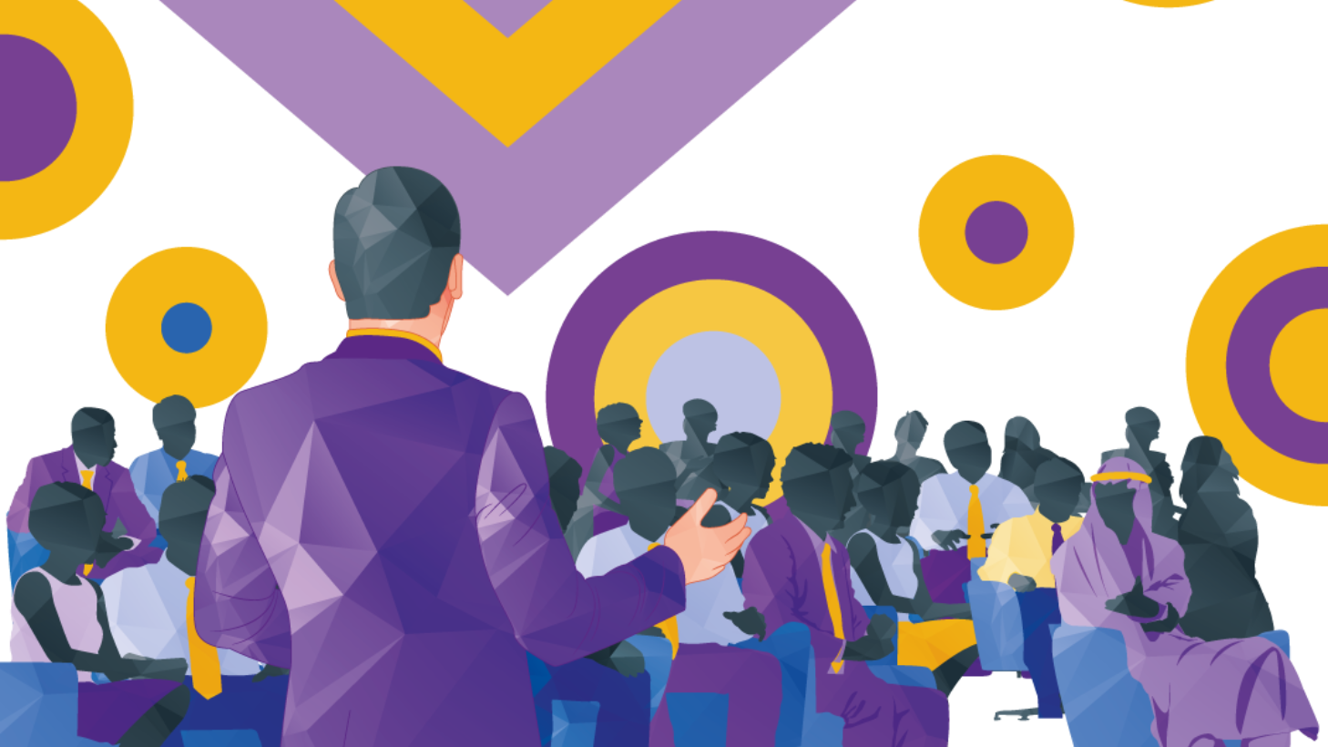 Man in purple suit speaking to seated audience. Purple and yellow graphic background.