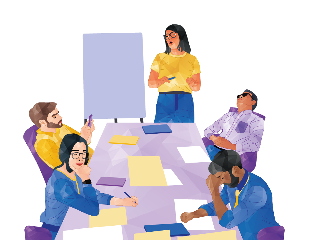 Team meeting around a table with papers and a blank flip chart, led by a presenter in a yellow shirt