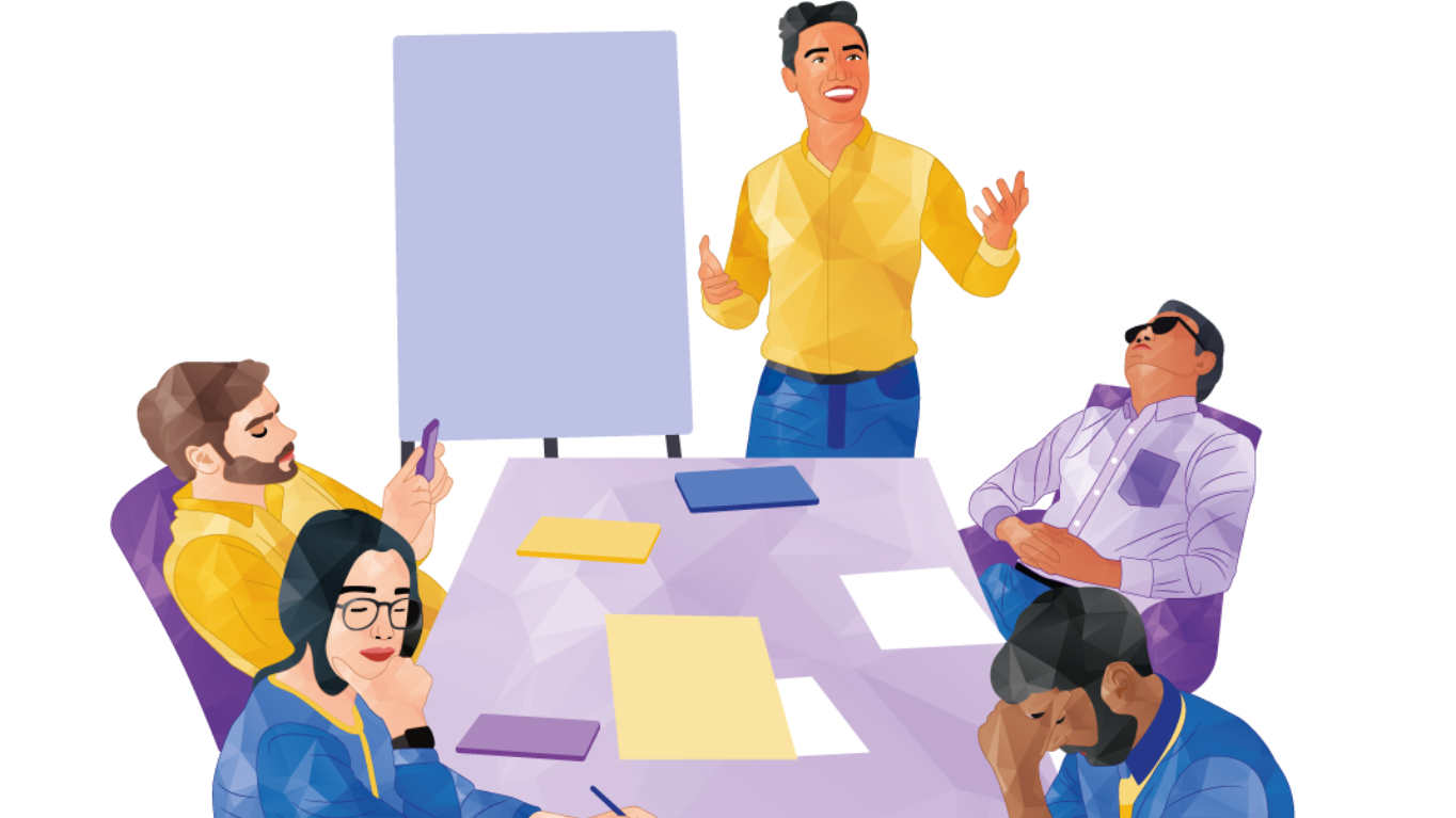 Man presenting at a meeting, using a whiteboard.  Others seated around a table, some taking notes, some listening.