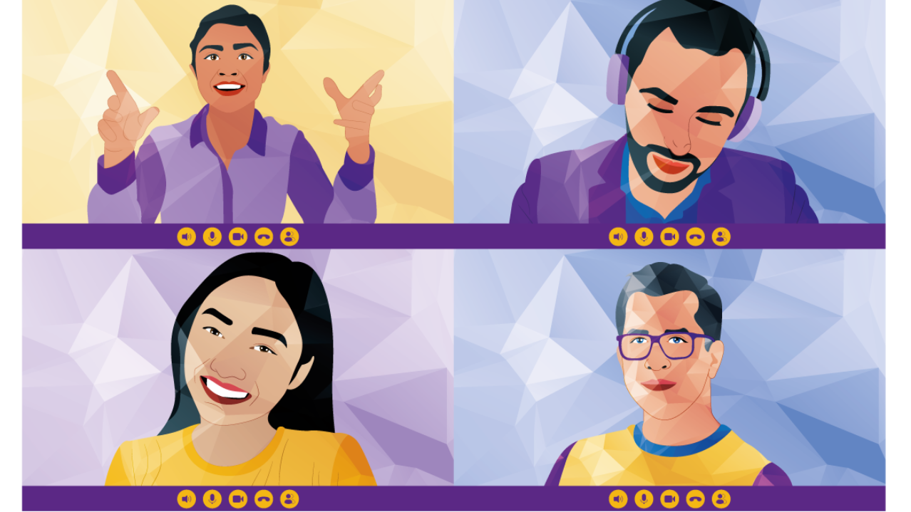 Four people in video call grid; top left, woman gesturing; top right, man with headphones; bottom left, woman smiling; bottom right, man with glasses.