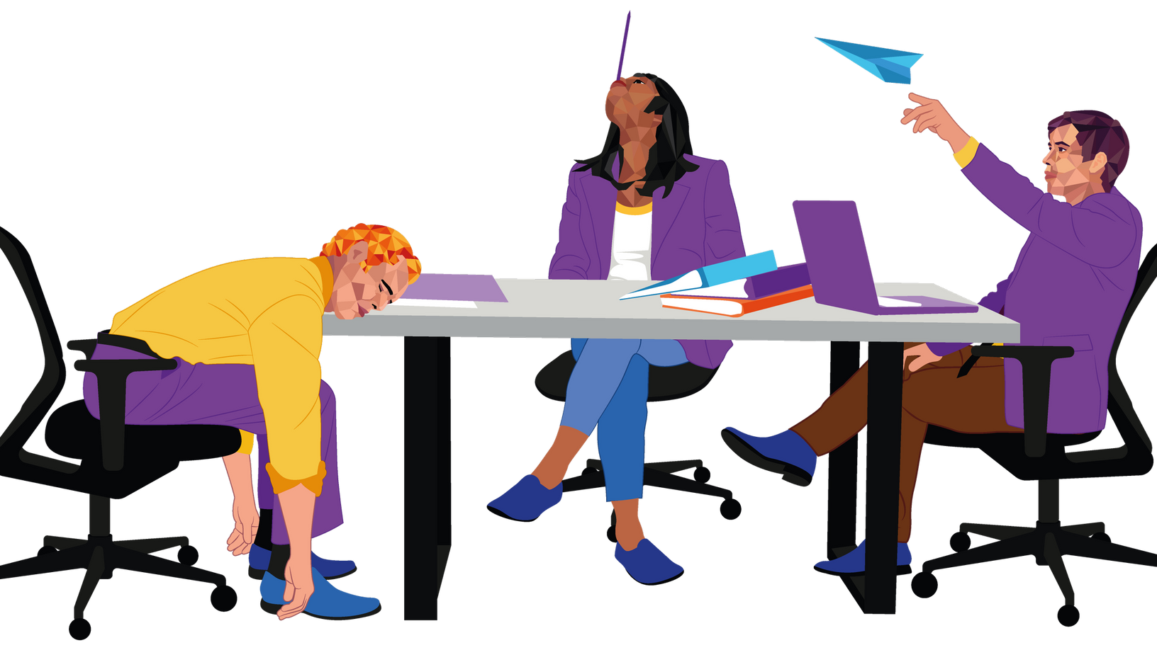Three people at a table: one slumped, one with a stick in mouth, another throwing a paper airplane.