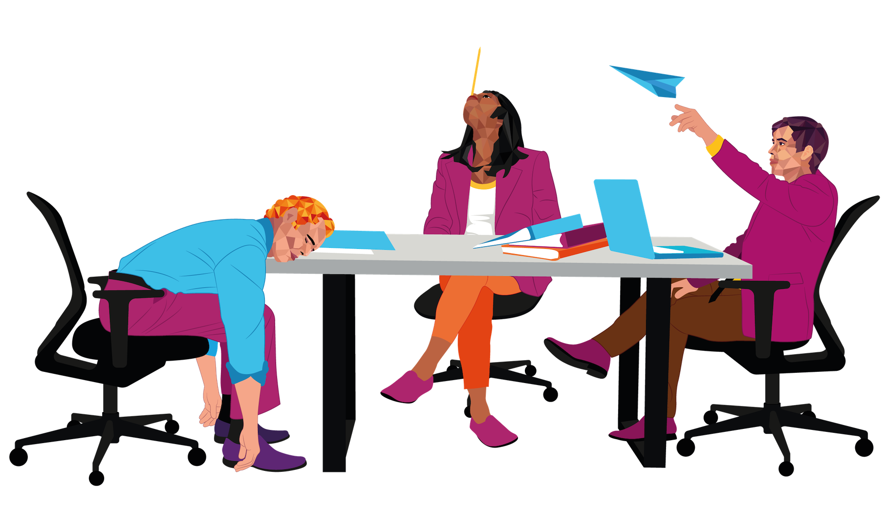 Three people in an office. One slumped in chair, one looking upward with a pen, one throwing a paper airplane.