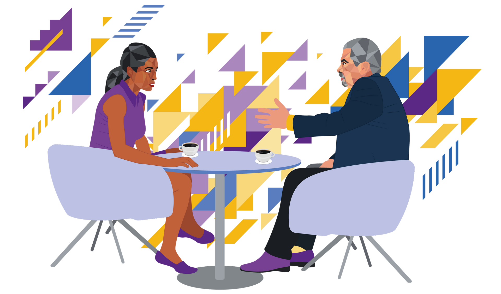 Woman and man in conversation at a table, geometric background.