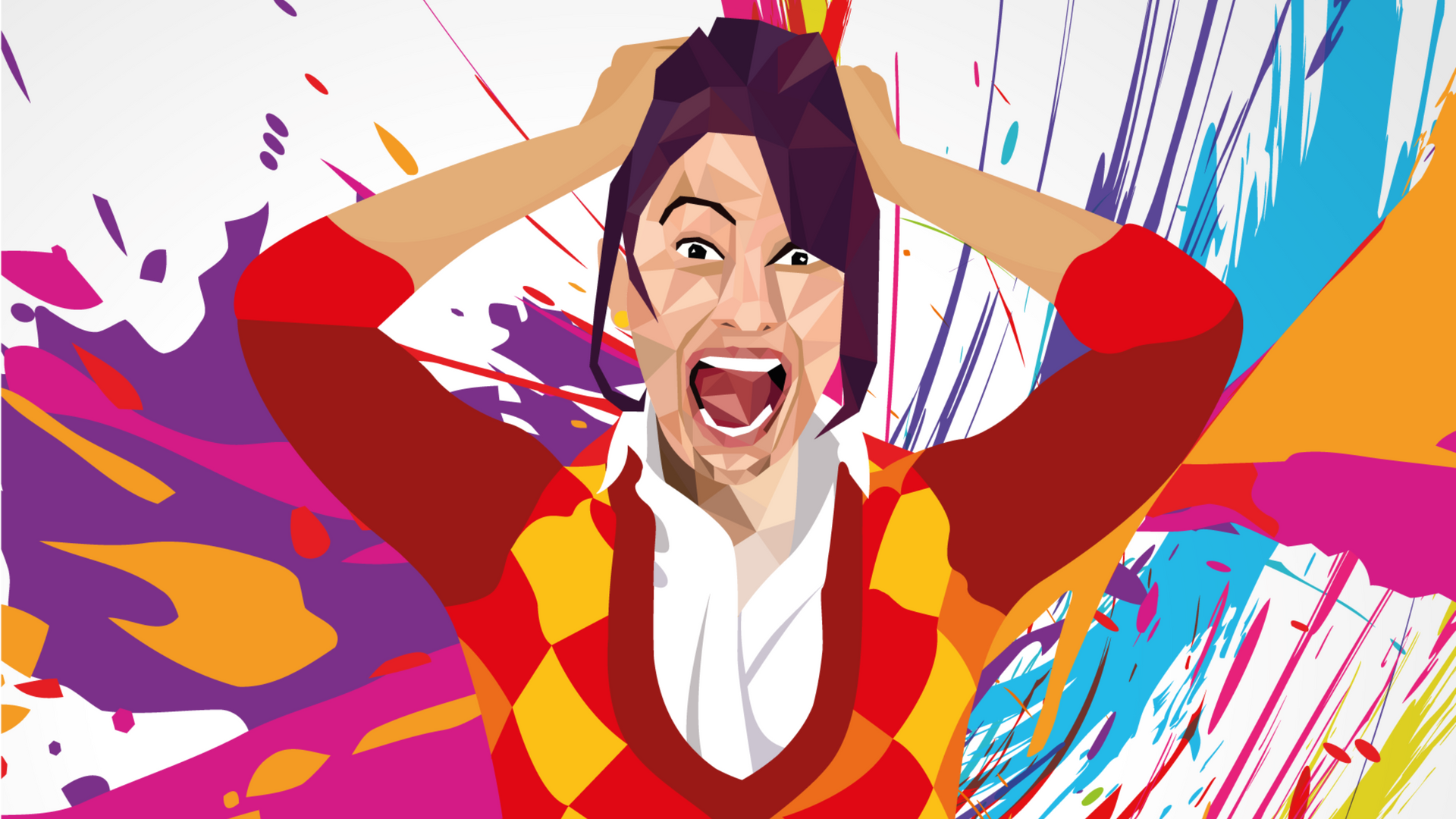 Woman with hands on head, mouth open in a scream, against a colorful splattered background.