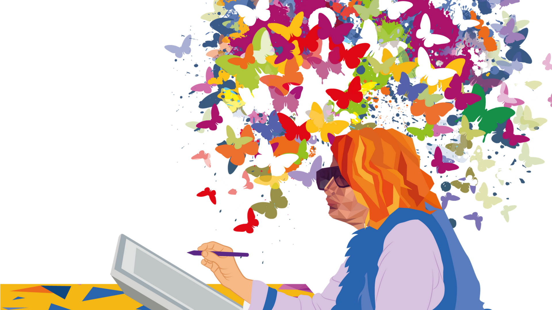 Artist with orange hair drawing on a tablet, colorful butterflies exploding from the screen.