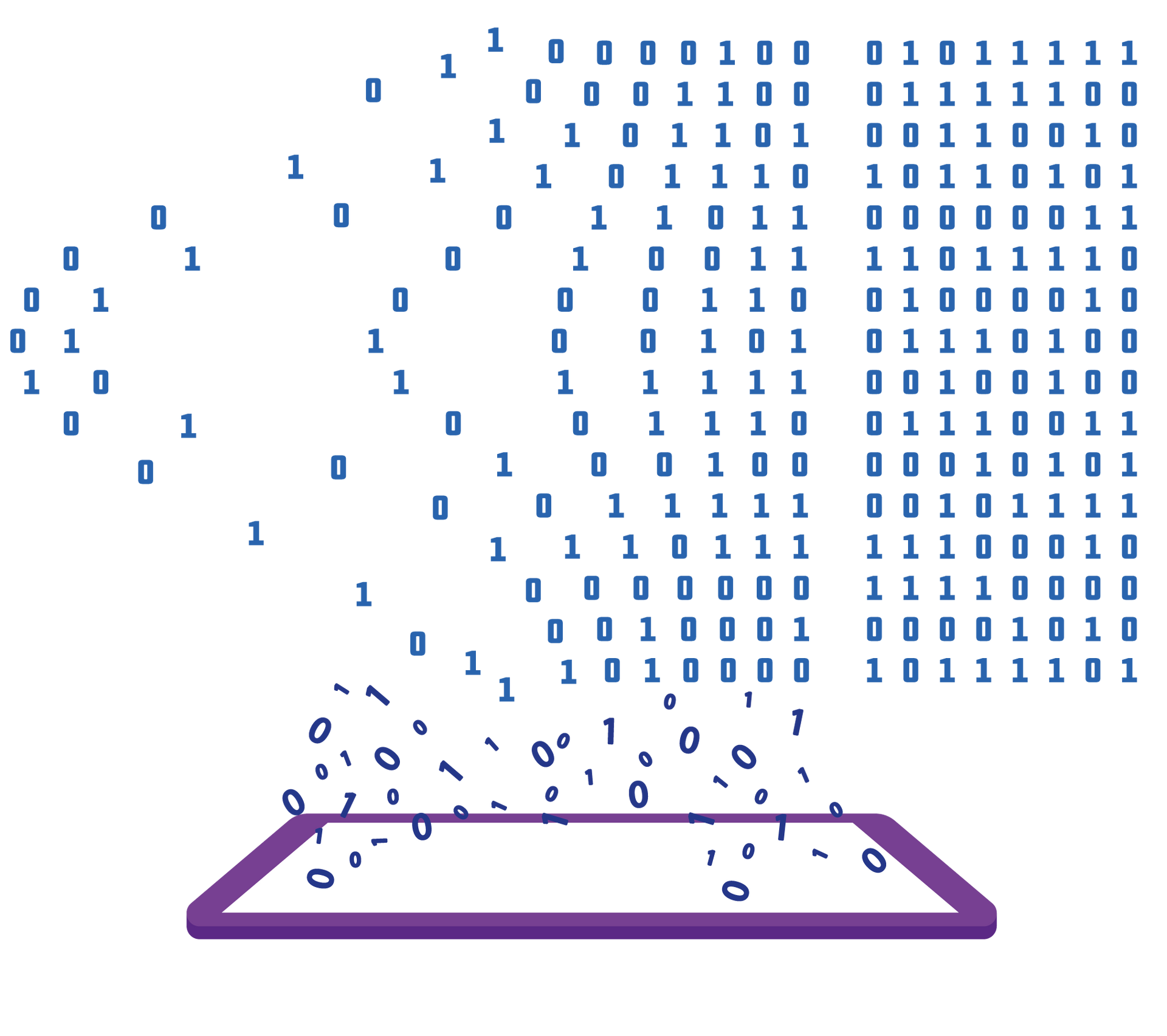 Blue binary digits falling into a purple laptop on white background