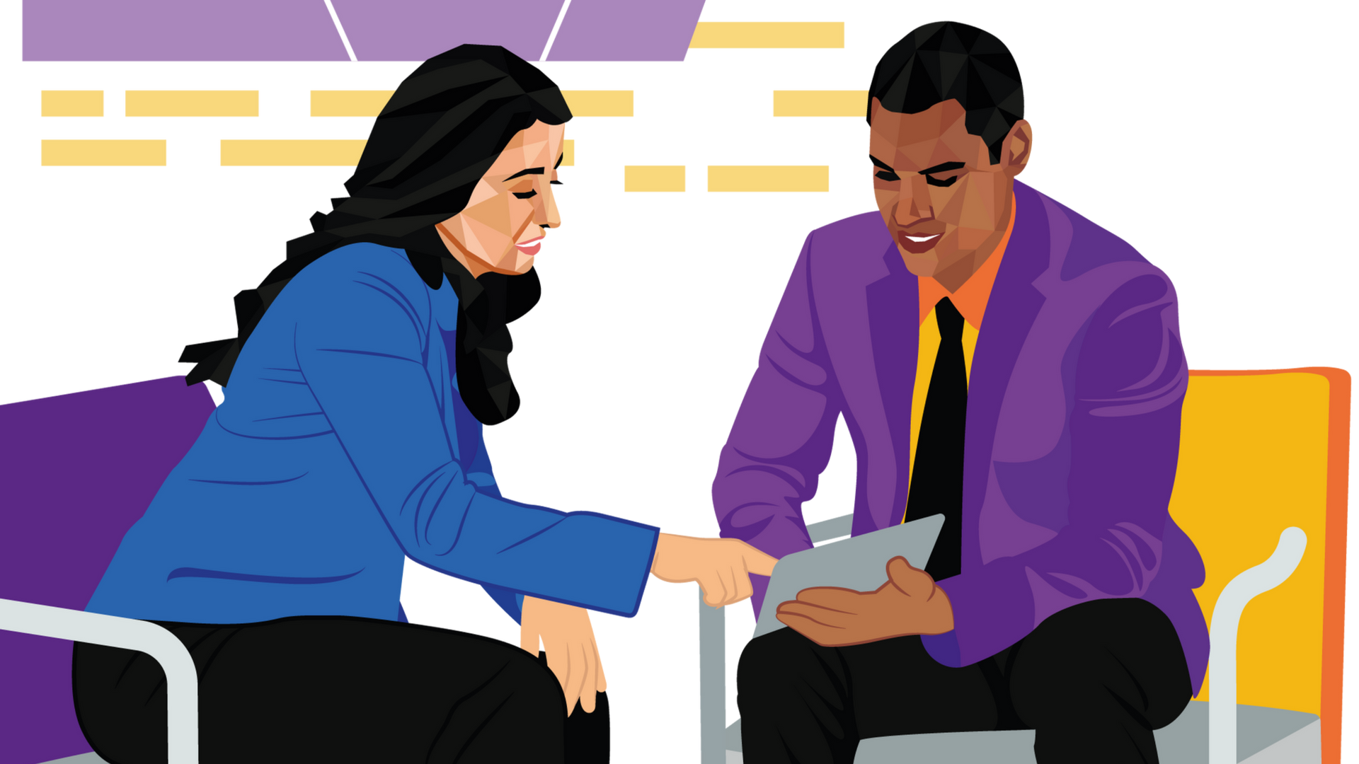 Woman and man looking at a tablet; woman points, man holds; sitting in a waiting area.