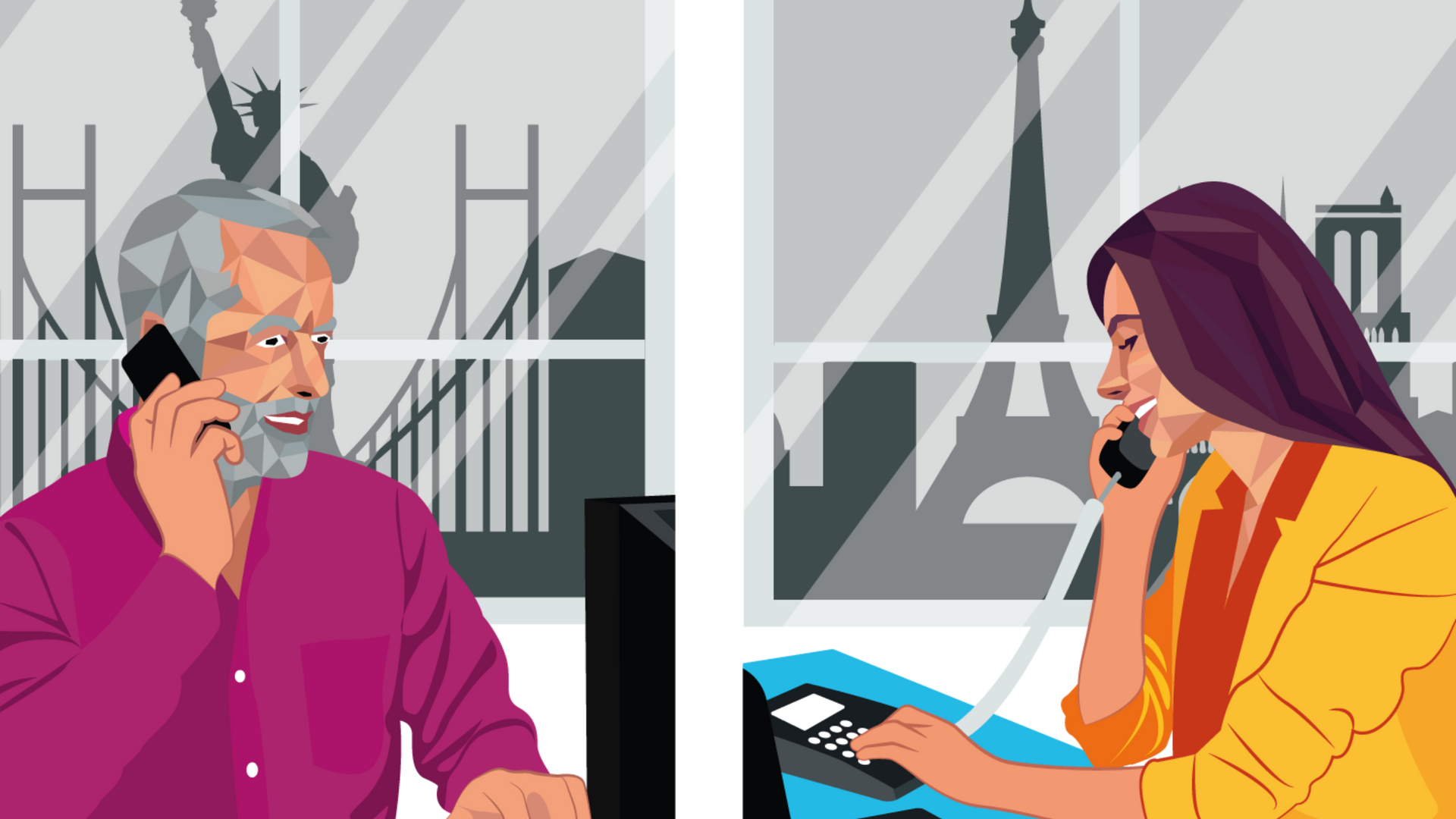 Man in NY and woman in Paris on phones, working. Cityscapes in background.