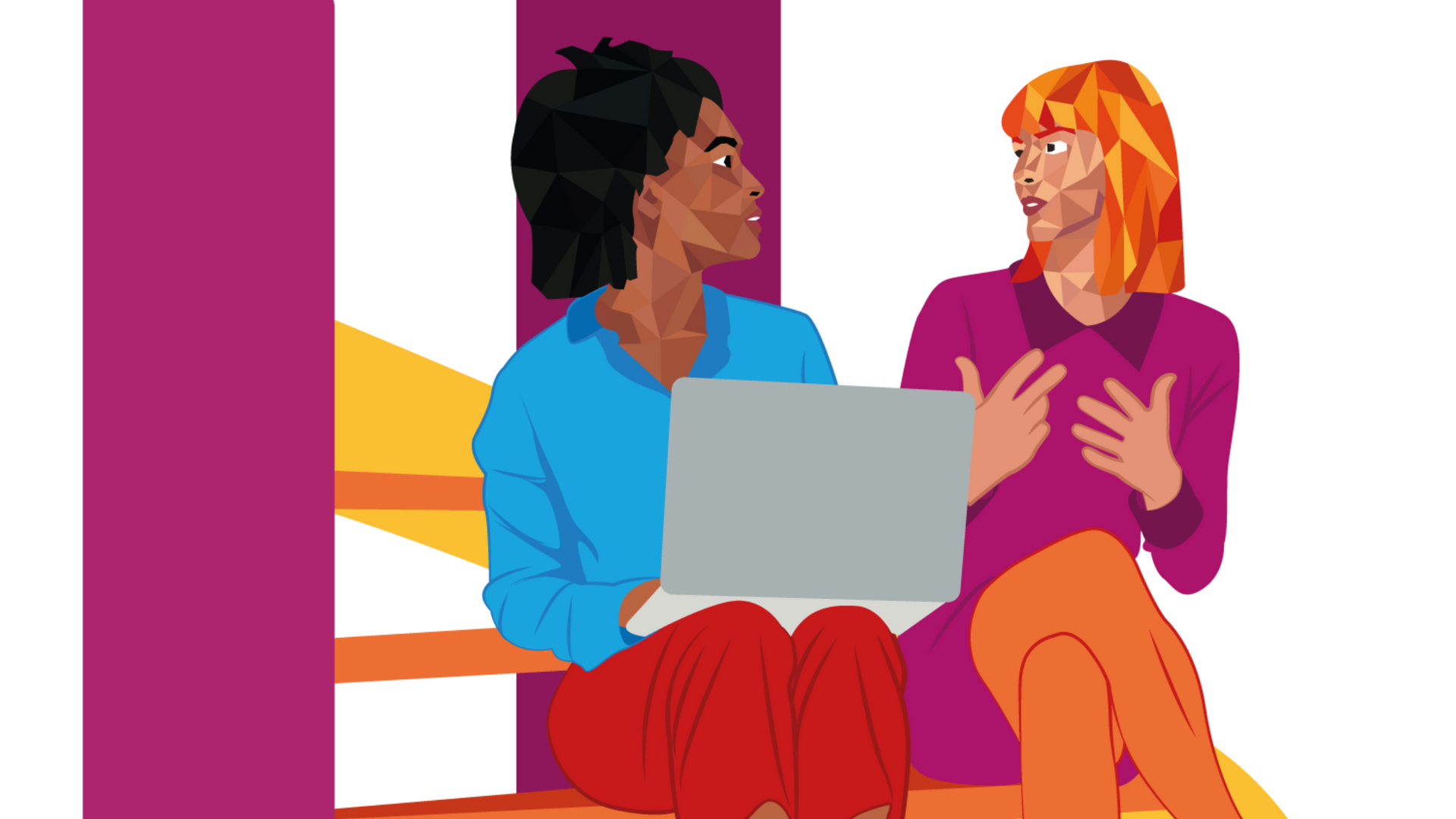Two people, one with a laptop, conversing outdoors; pink and yellow background.
