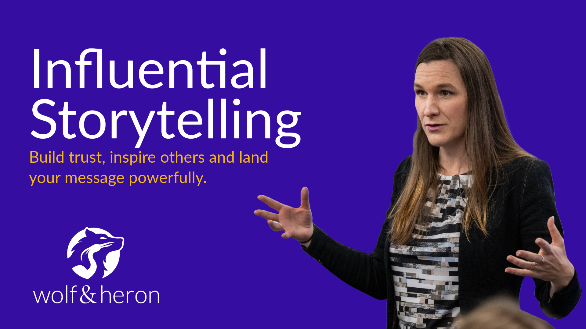 Woman presenting on stage about influential storytelling, purple background, Wolf & Heron logo.