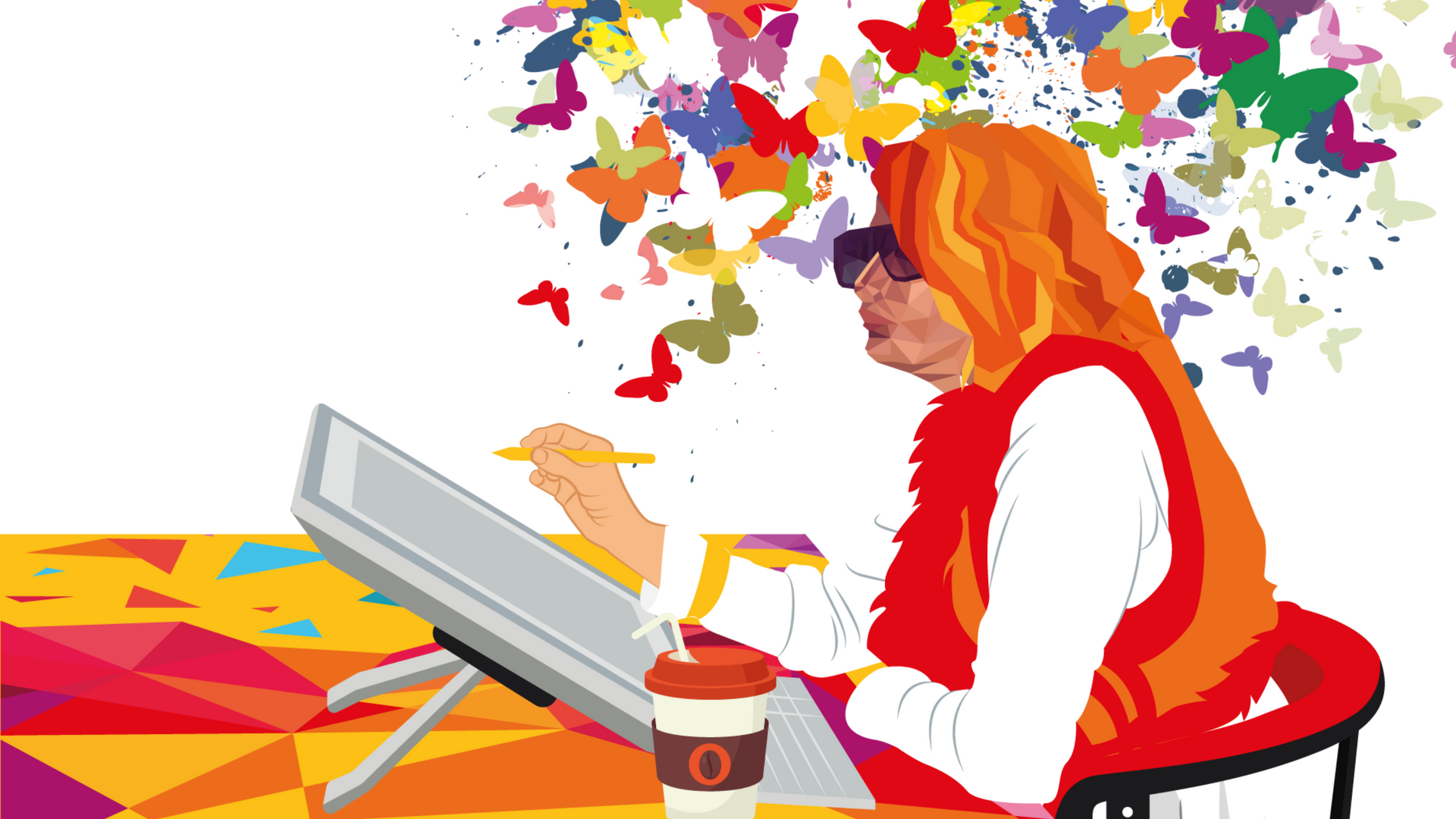 Artist with orange hair, drawing on digital tablet. Butterflies emanate from above.