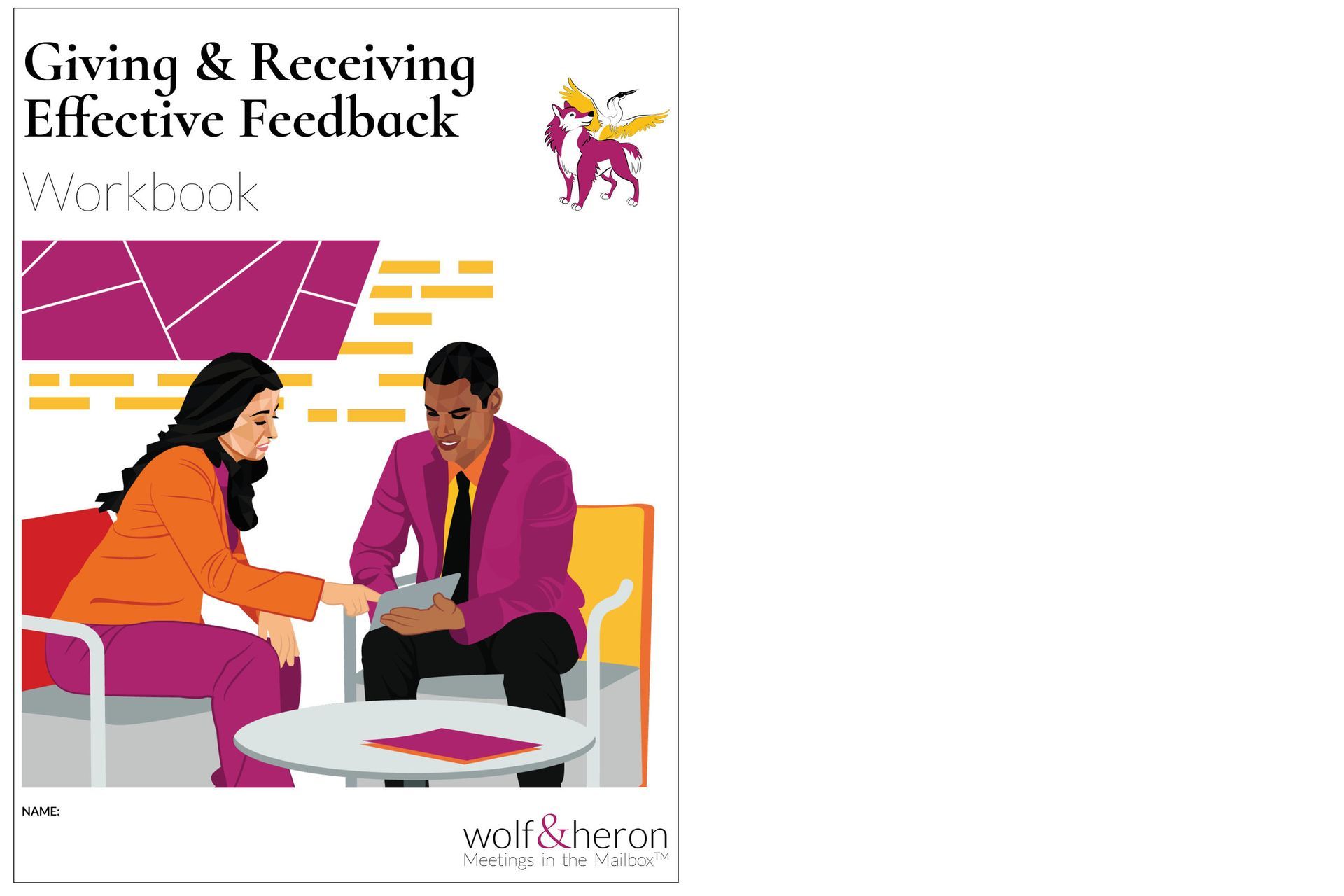 Cover: Woman and man in business attire giving/receiving feedback. Purple and orange accents.