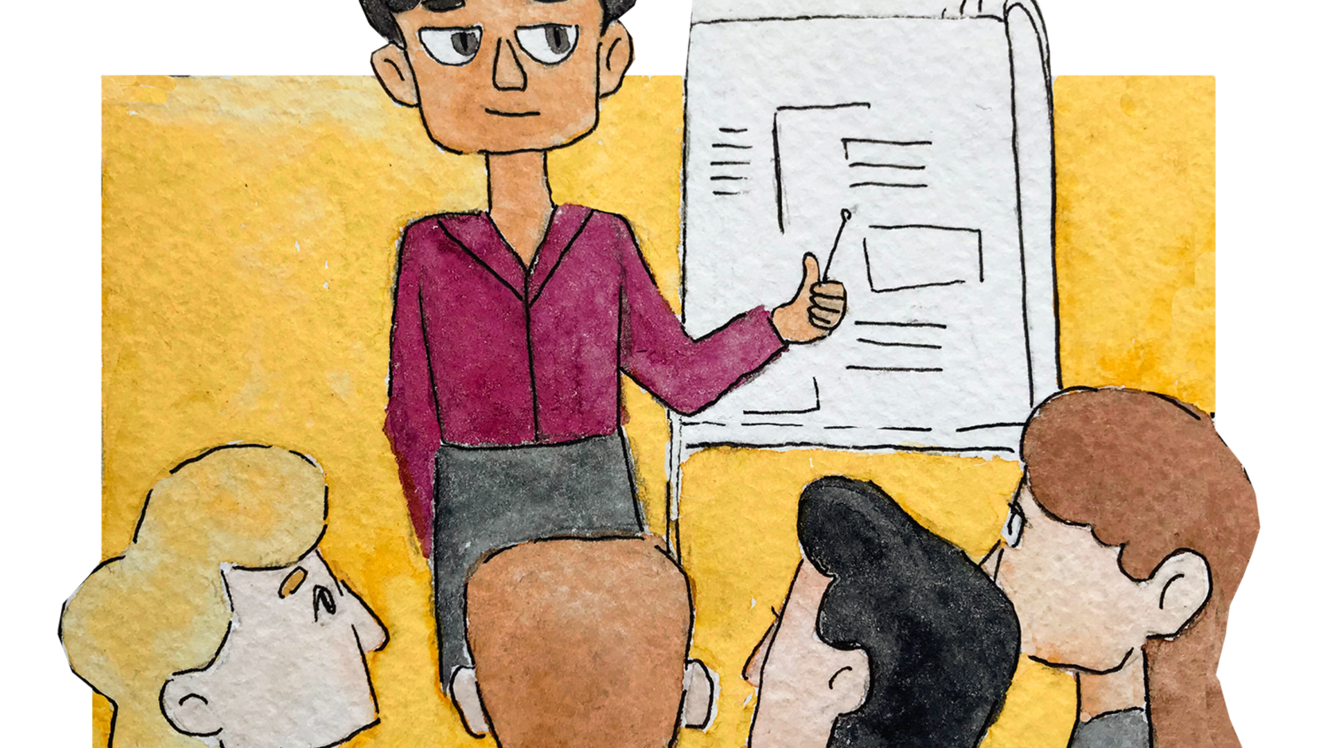 Woman giving a presentation to a small group, pointing to a diagram.