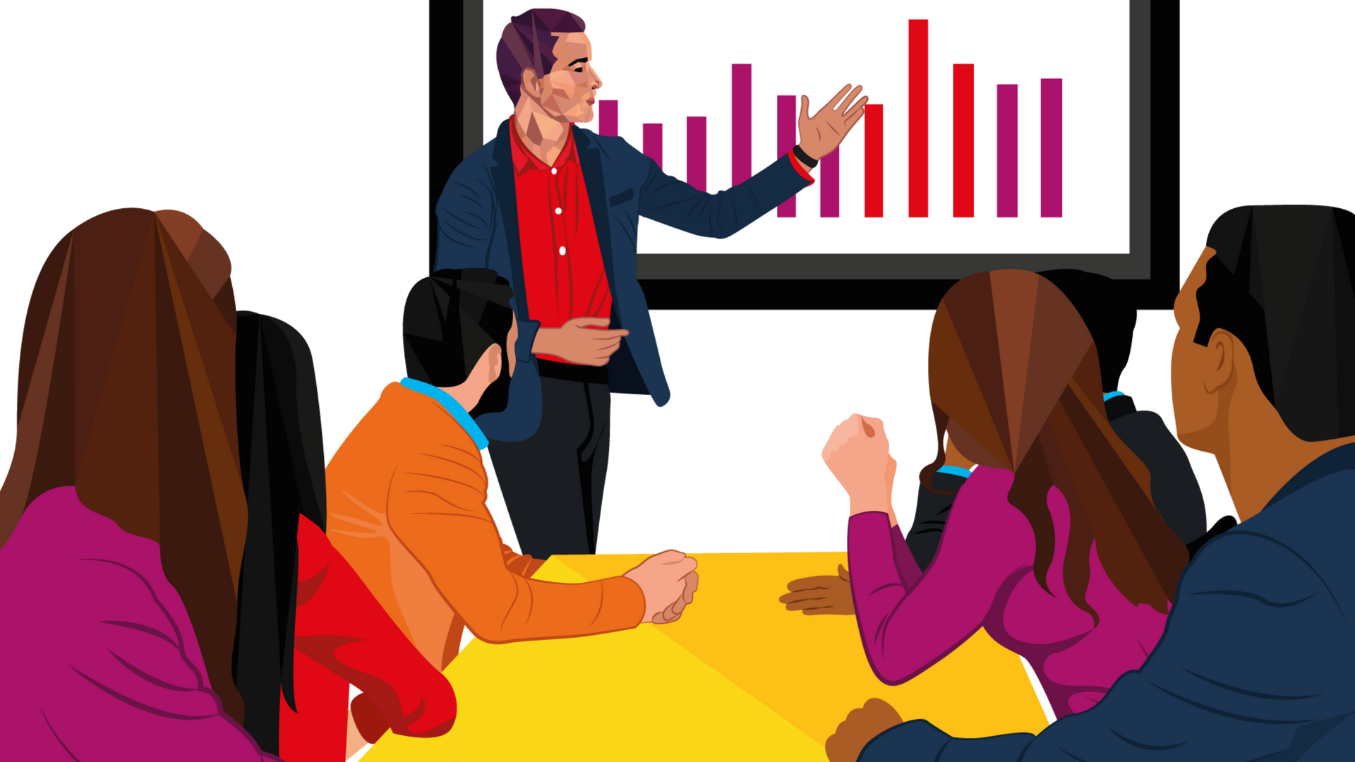 Man giving presentation to a group, pointing to a graph on a screen.