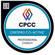 CPCC Certified Co-Active Professional Coach badge with a teal and black design.