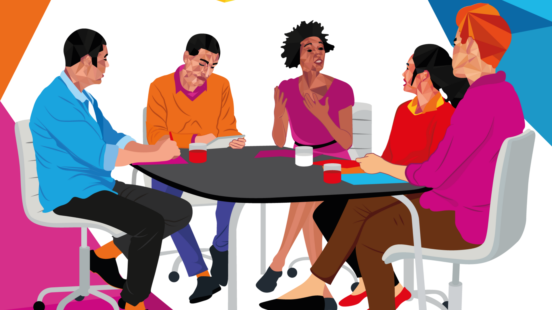 Group of people seated around a table, engaged in conversation. Colorful clothing and a geometric background.