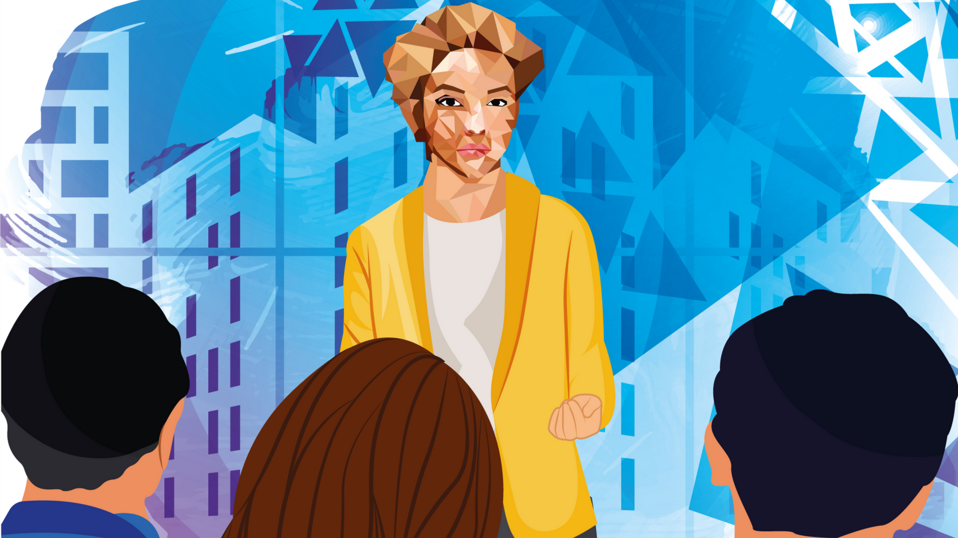 Person in yellow blazer speaking to a small group with a city background.