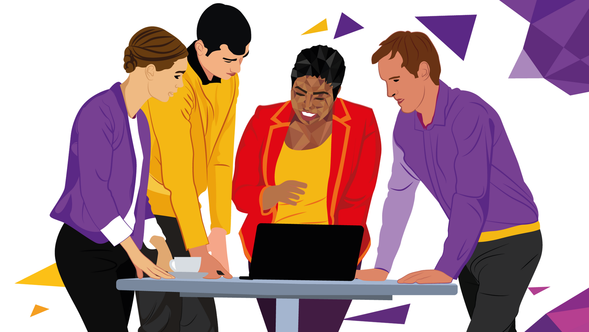 Five people gathered around a laptop, smiling. Yellow, red, purple, and blue clothing. White background.