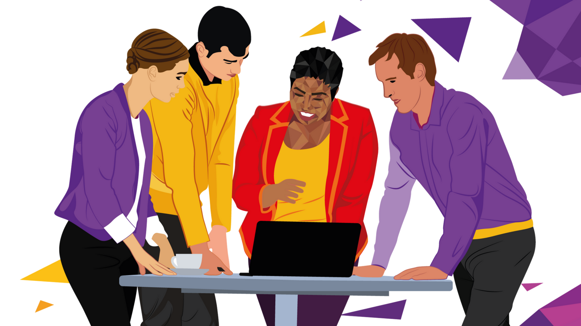 Team of four people around a laptop, smiling, discussing something. Purple and yellow accents, white background.