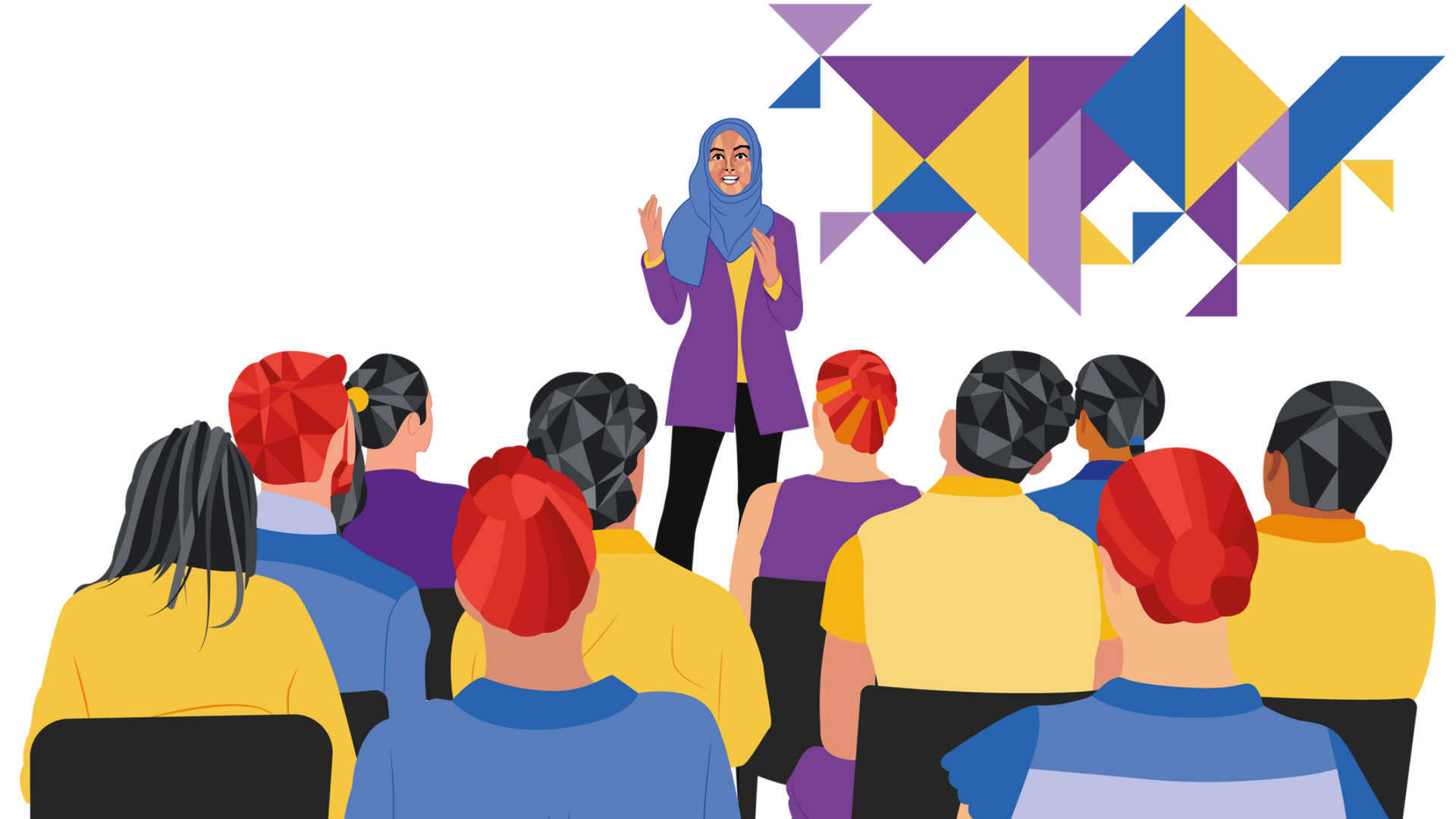 A woman in hijab lectures to a seated audience. Geometric shapes decorate the backdrop.