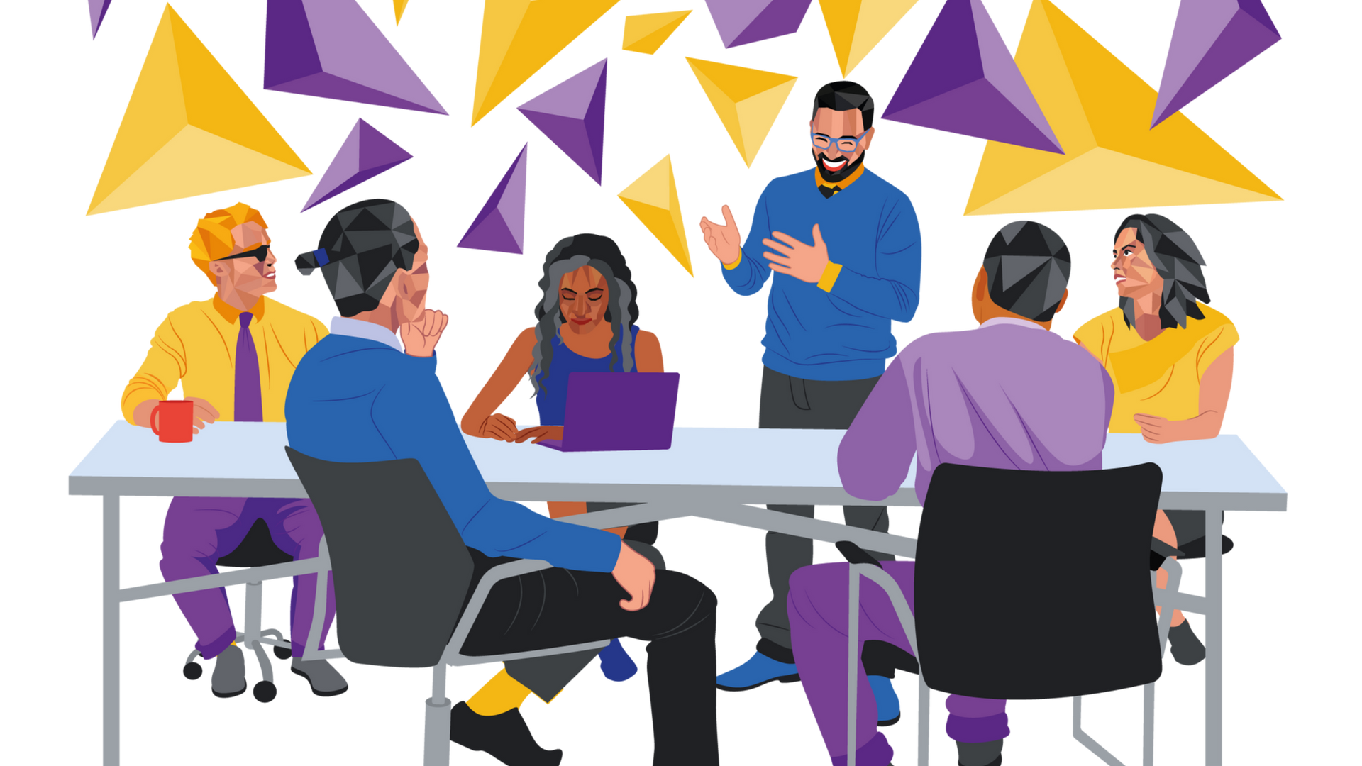 Team meeting around a table, one person presenting with abstract purple and yellow shapes in background.