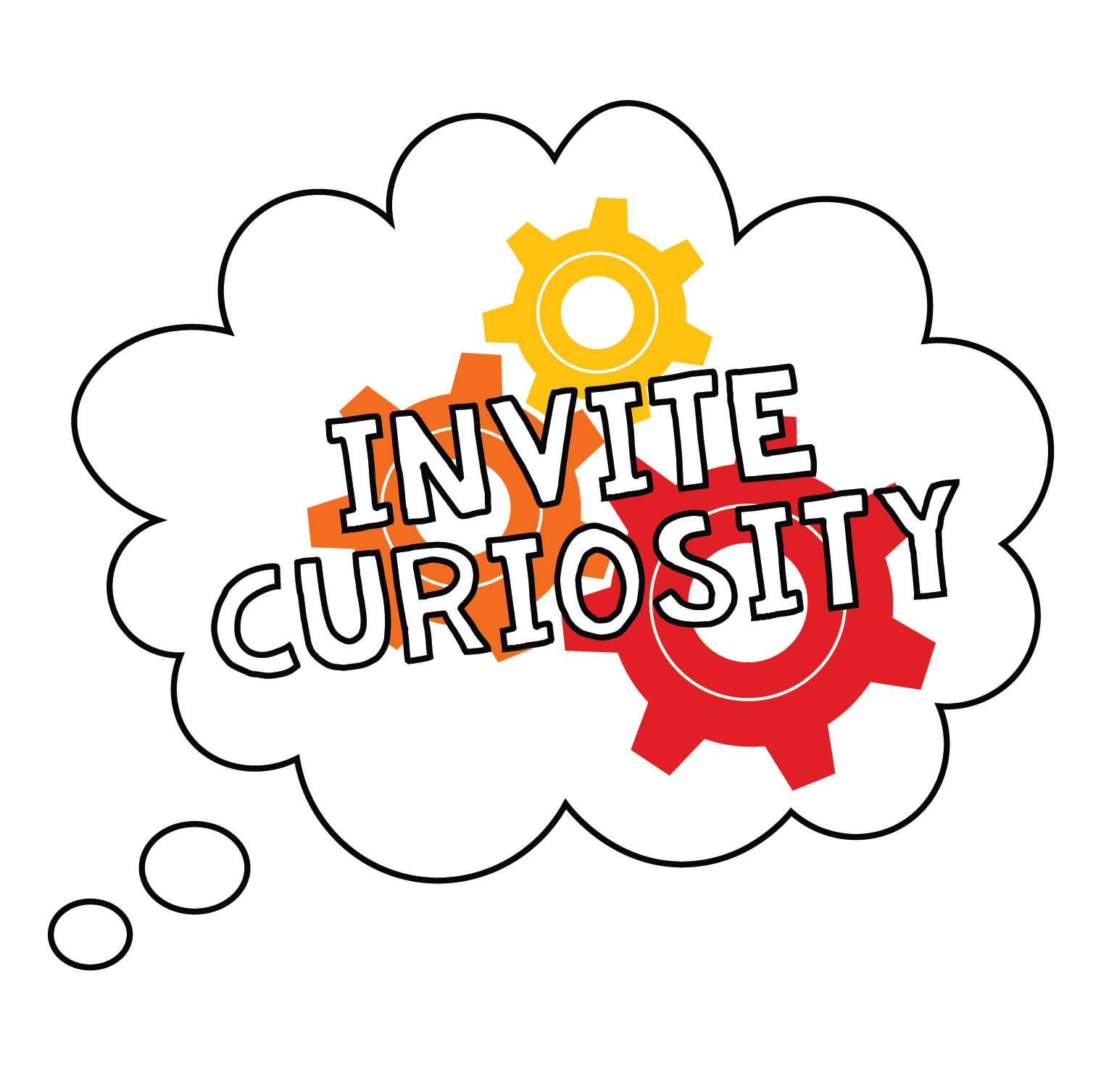 White thought bubble with gears in yellow, orange, and red. Text reads: 