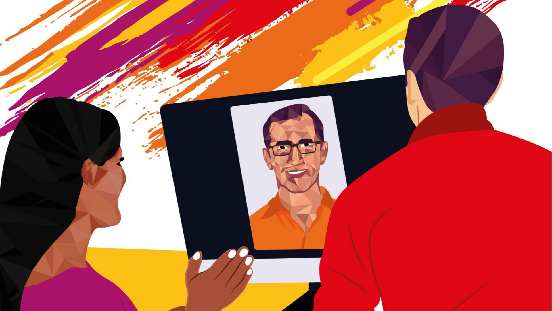 Two people looking at a computer screen displaying a man's portrait against a colorful background.