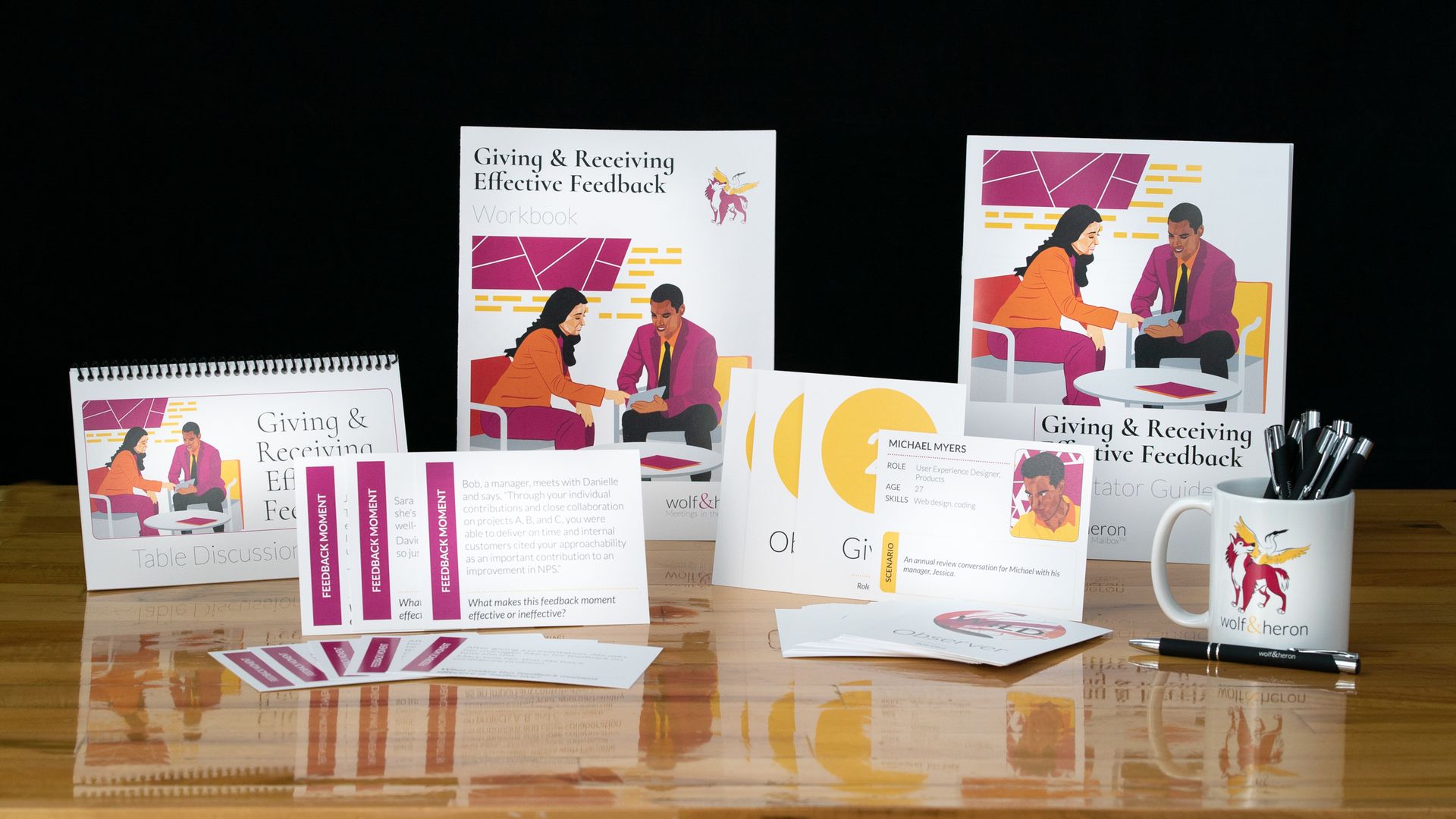 Promotional materials for mental health resources: brochures, calendar, mug, pens, and cards with illustrations.