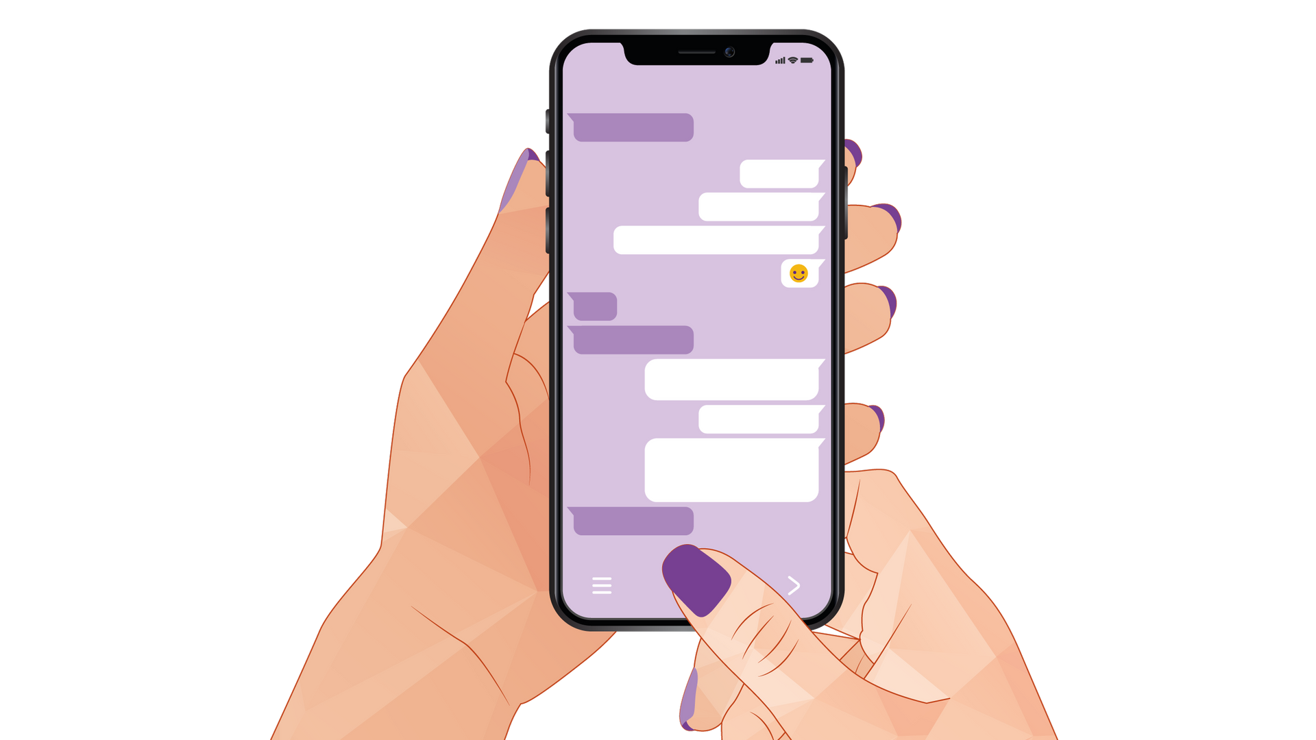 Hands holding a smartphone with purple messages on screen. Finger pressing a button.