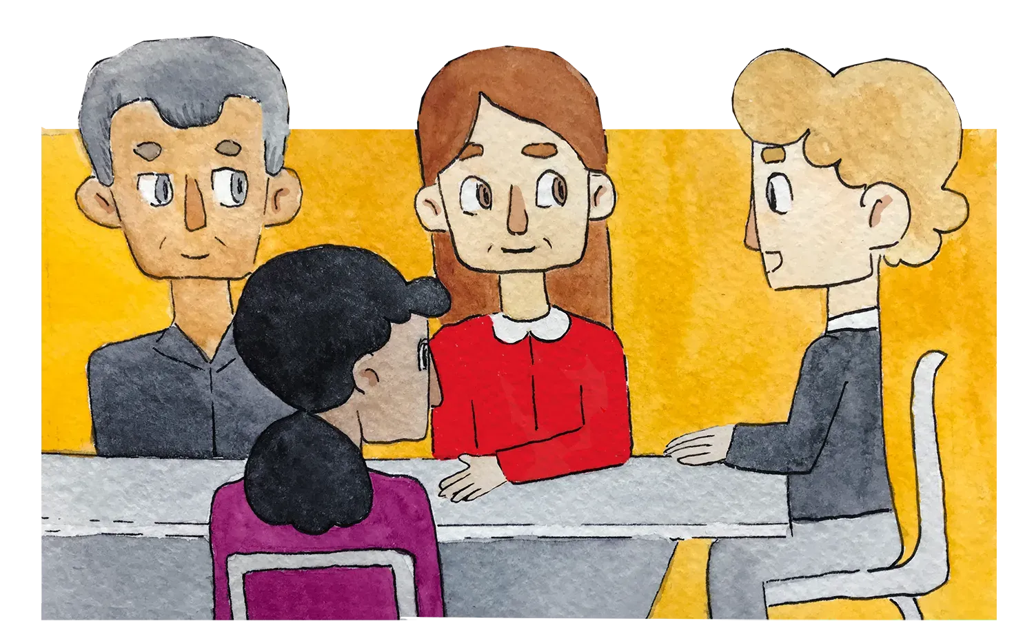 People seated around a table, one speaking, others listening, against a yellow background.
