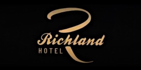 Gold logo on black background: 