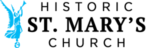 Historic St. Mary’s Church logo with black text and a teal angel figure