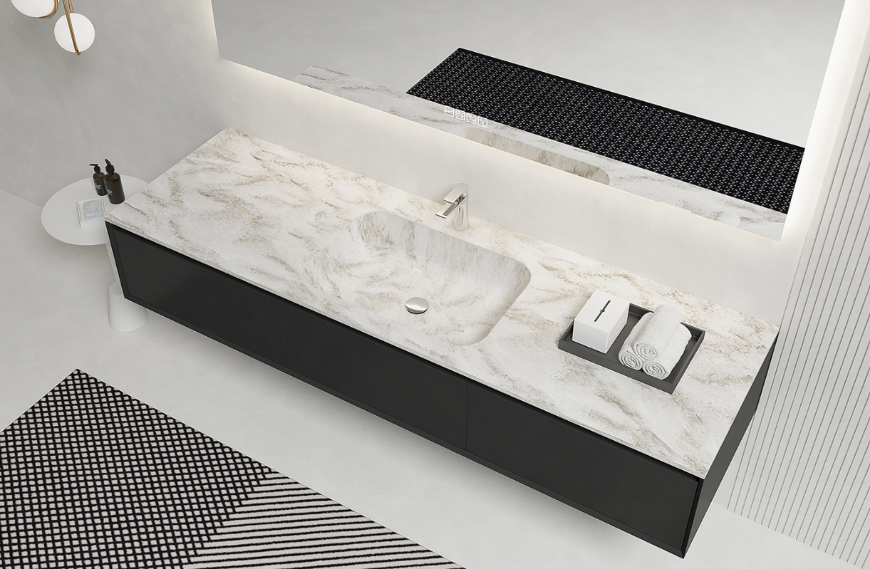 Modern bathroom vanity with marble countertop, sink, mirror, and black accents
