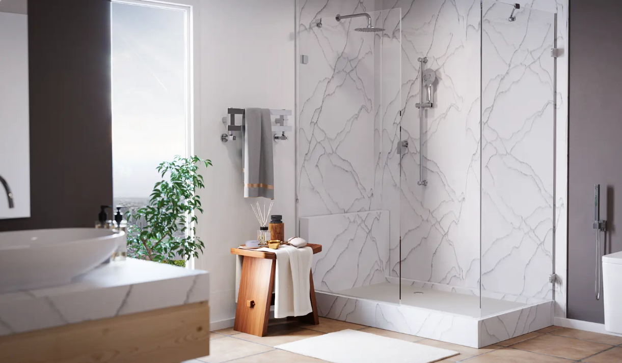 Modern bathroom with marble shower, white tub, wood stool, and natural light from a window