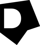 Black geometric logo with a white “D” shape cutout on a white background