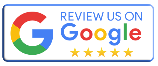 “Review us on Google” badge with Google logo and five gold stars on white background