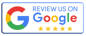 “Review us on Google” badge with Google logo and five gold stars on white background