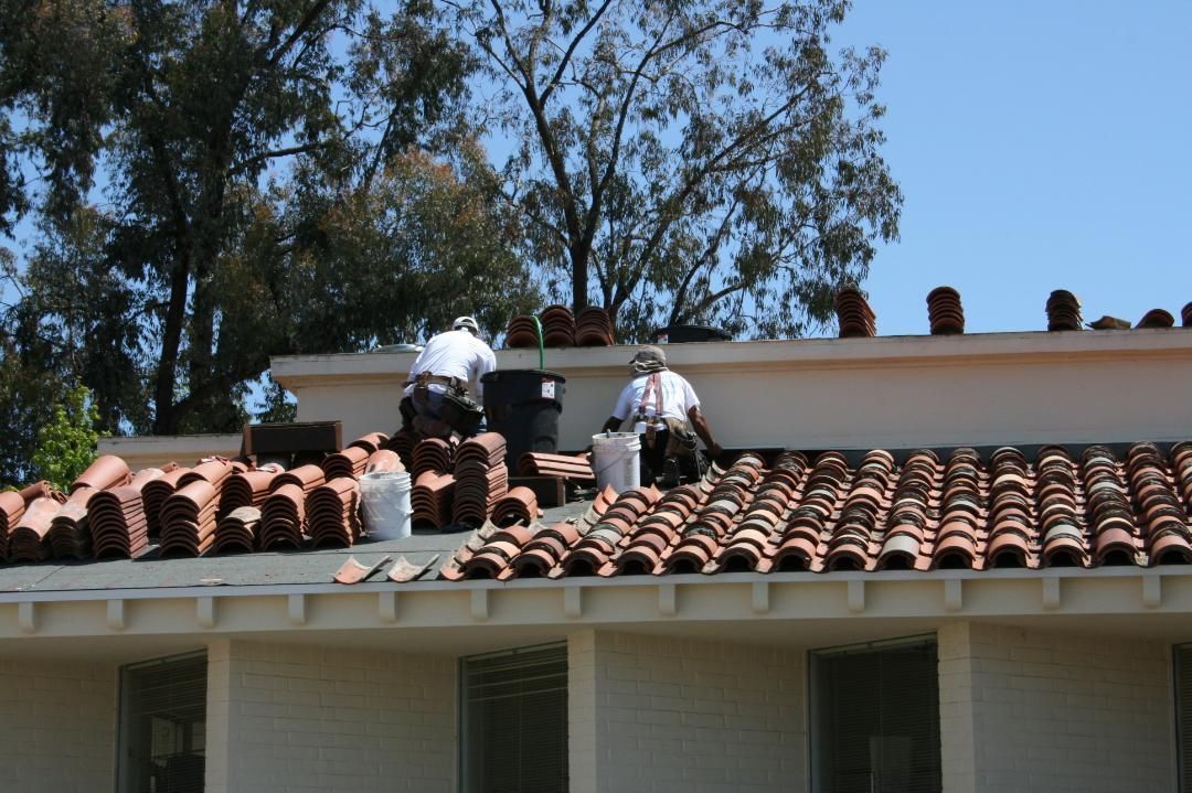 Two workers on a tiled roof, repairing shingles beside trees and a blue sky