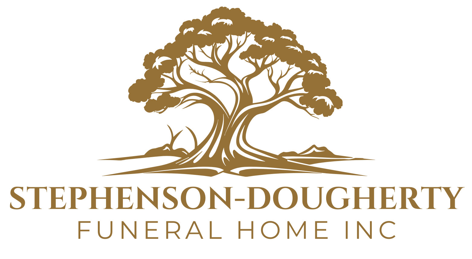 Stephenson-Dougherty Funeral Home Inc logo with gold tree and text on white background