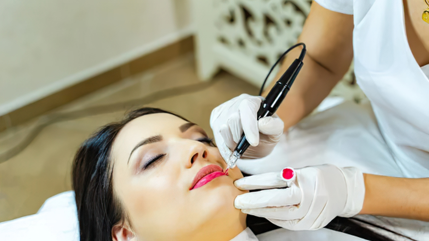 Cosmetic treatment applied to a woman's lips with a handheld device while she lies on a salon bed