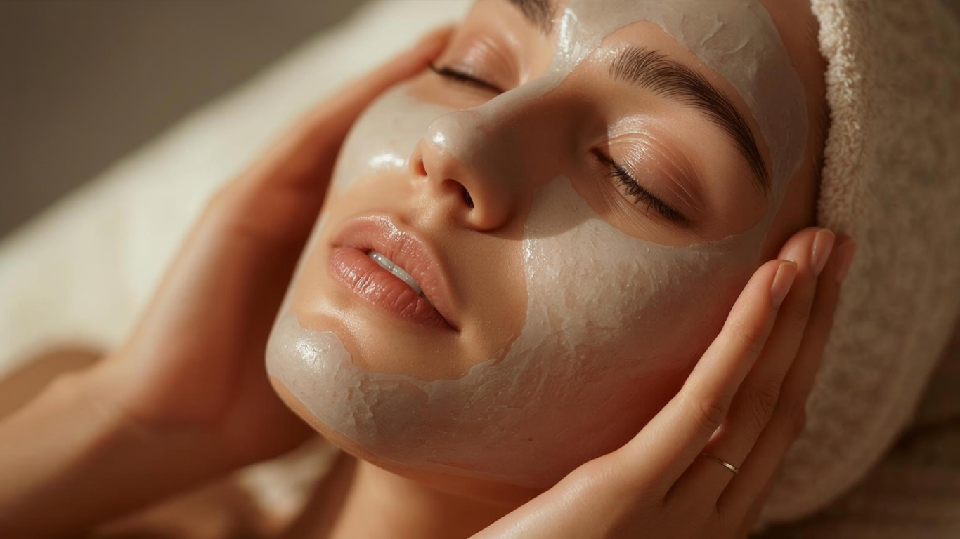 Woman with a facial mask relaxing with eyes closed and hands on her cheeks