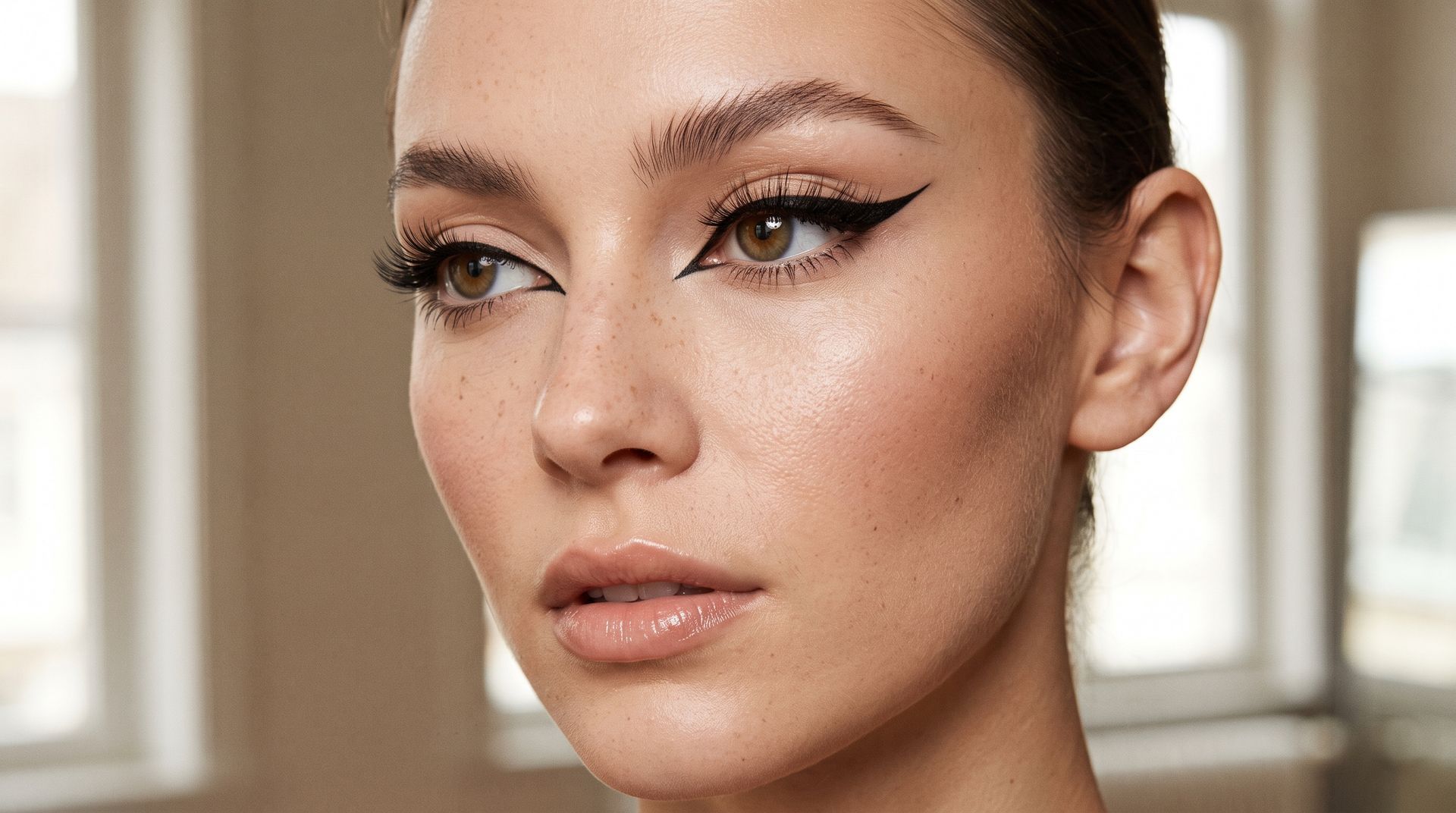 Close-up of a woman with winged eyeliner and a neutral expression by a softly lit window