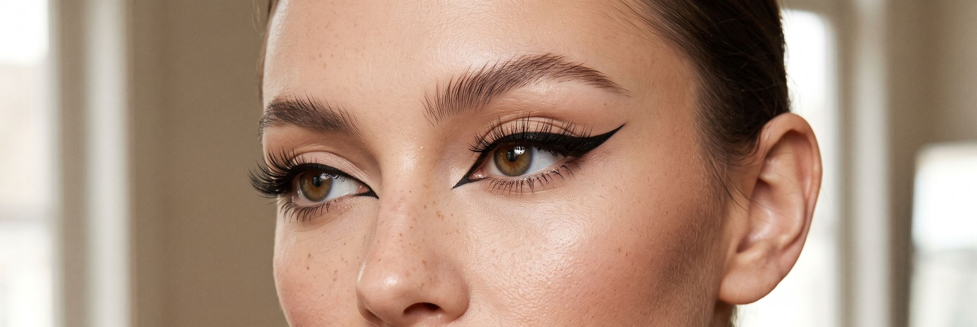 Close-up of a person’s eyes with winged eyeliner and neatly groomed brows