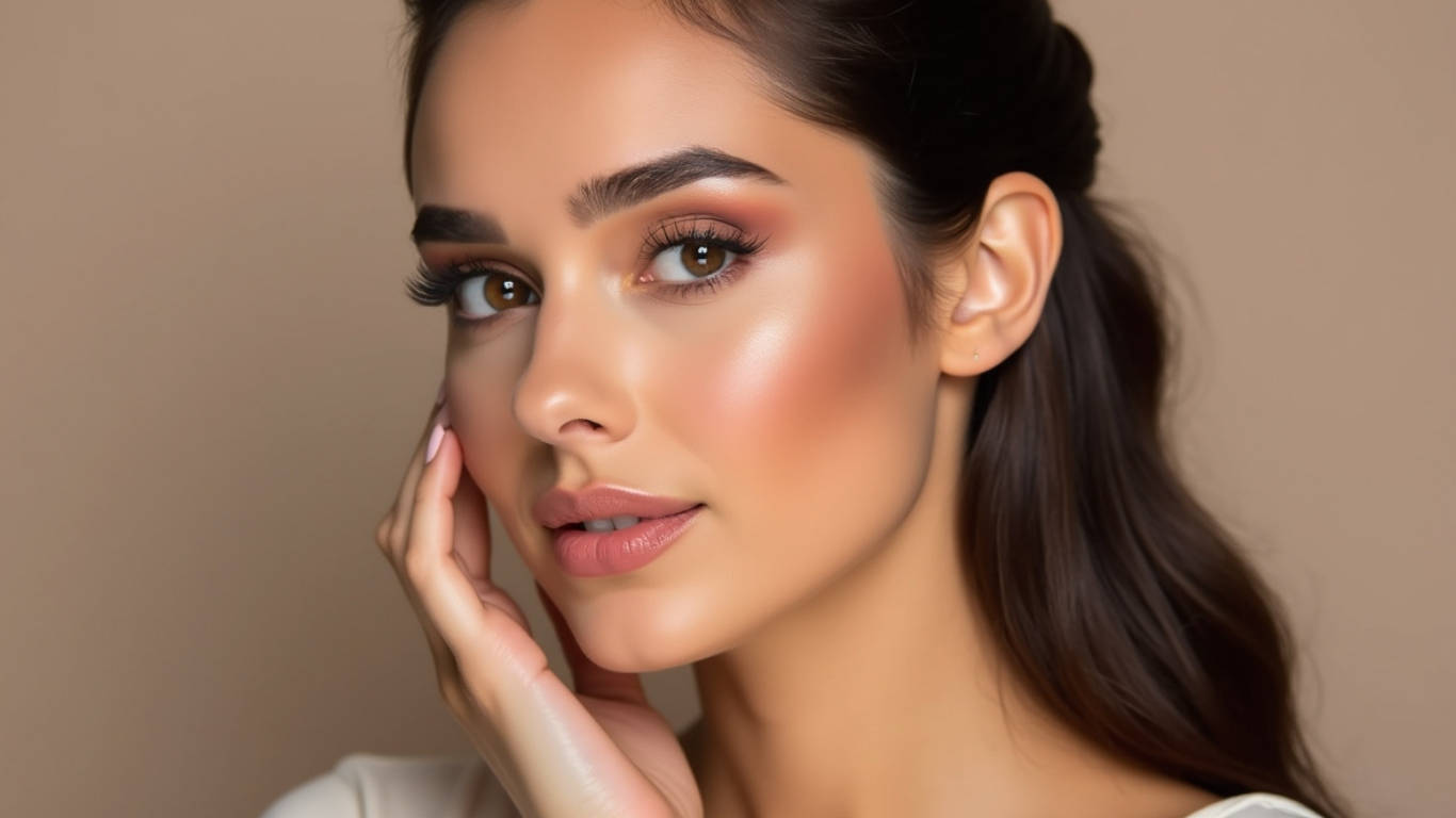 Close-up portrait of a woman with soft makeup, resting her hand on her cheek against a beige background