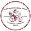 Circular logo: Person on bike with pig & provisions; European homemade deli since 1955.