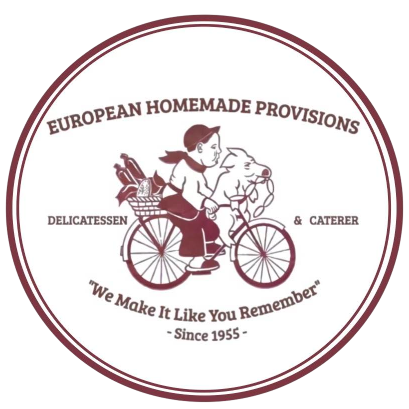 Circular logo: Person on bike with pig & provisions; European homemade deli since 1955.