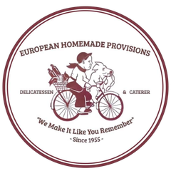 Circular logo: Person on bike with pig & provisions; European homemade deli since 1955.