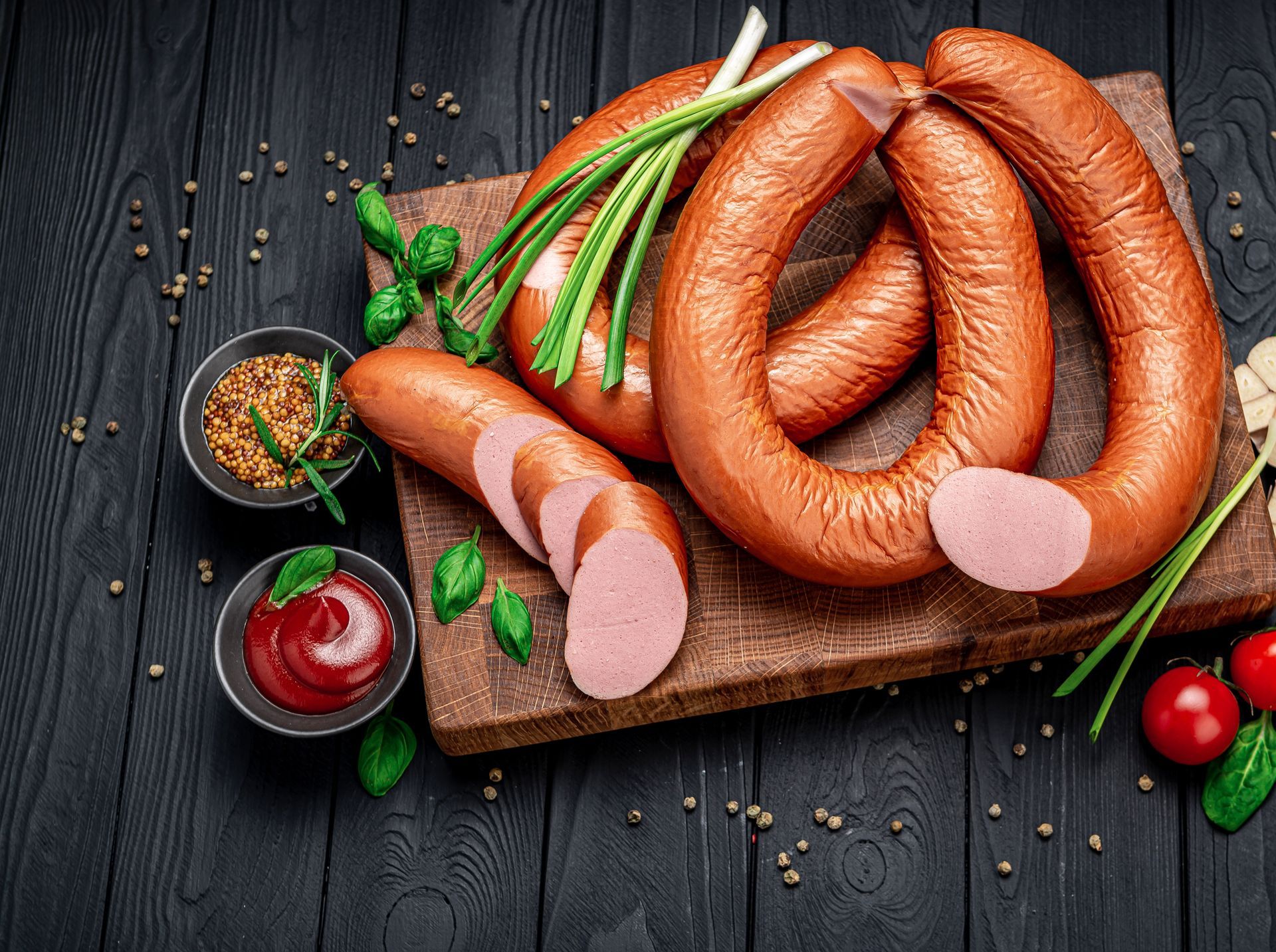 Sausage rings on wooden board with herbs, spices, and ketchup on dark wood.