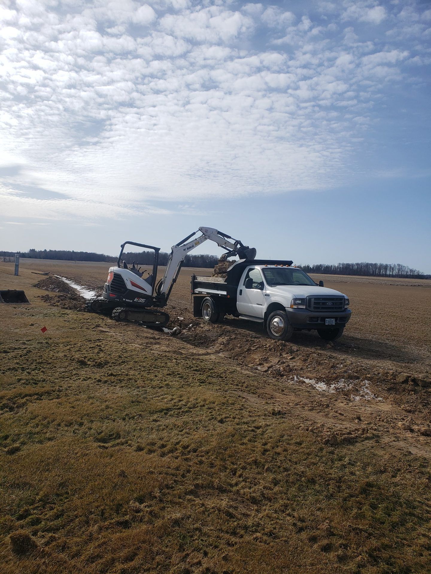 Mini excavator digging a roadside ditch and loading spoil into a dump truck along farm fields in Dorchester, WI