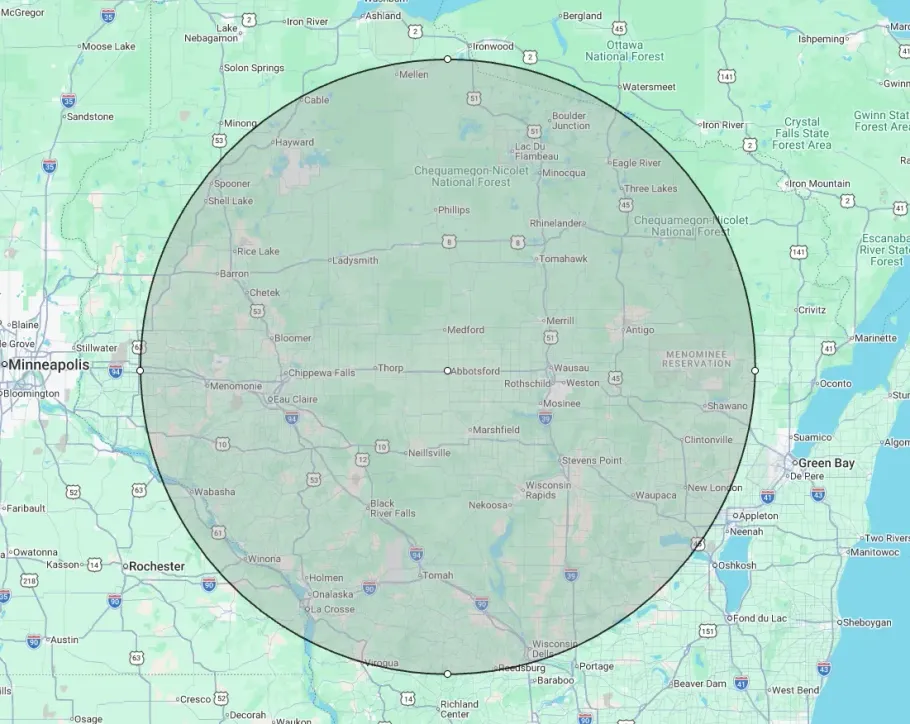 Service Area Map showing ERE Excavation's 100-mile service area centered on Abbotsford, WI, covering Wausau, Eau Claire, Stevens Point, Marshfield, Chippewa Falls, and Central and Northern Wisconsin